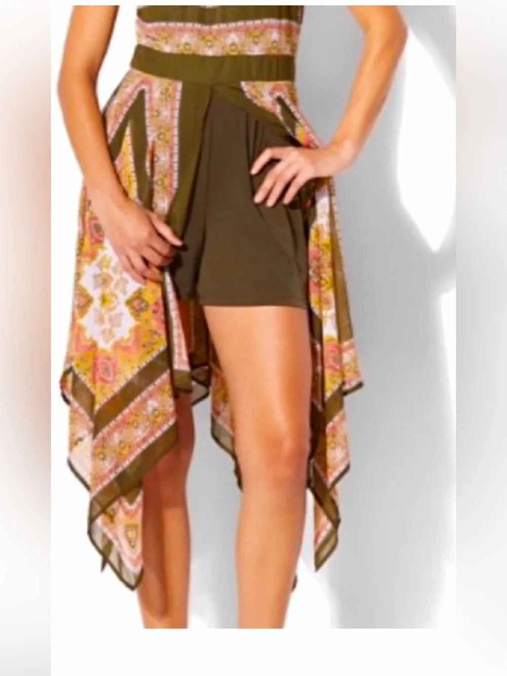 BOHO Scarf Print Halter Handkerchief Hem Romper Dress Sz S Broomstick/Festival